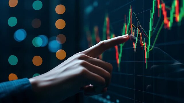 Hand pointing at a bright digital screen displaying professional financial stock market data with rising and falling candlestick charts for technical analysis of global economic trends