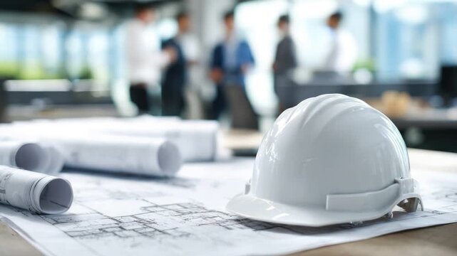 Blueprint of Progress: Hard hat and rolled blueprints rest on a table, signifying the foundation of a significant construction project, with blurred figures of architects in the background.
