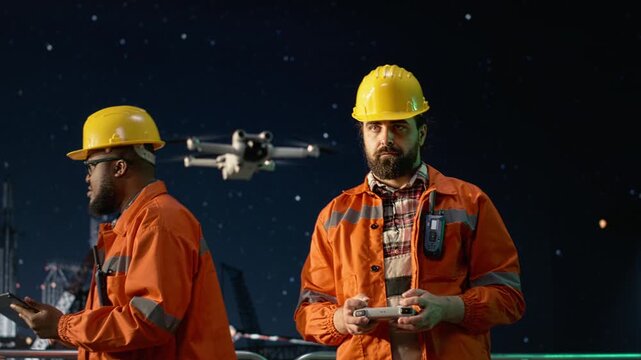 Using drones to find fossil reserves, oil crisis and offshore platform engineers while circumventing blockade, aerial reconnaissance technology and drilling barge workers, for energy operations.