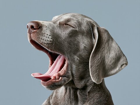 Dog yawning with mouth wide open against a blue background in a studio setting