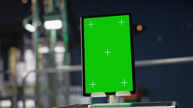 Green screen tablet app evaluates energy security risks on petroleum rig during oil supply disruption while a mockup device application analyzes offshore platform analytics during blockade.