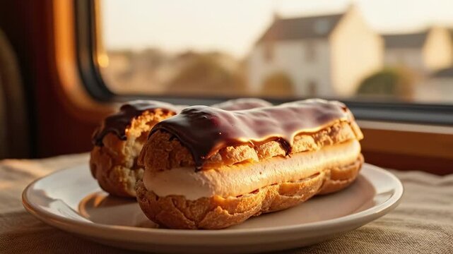 Chocolate eclair glaze on cream filled choux pastry beside a train window, warm travel table setting, soft sunset light, moving landscape blur, cozy dessert journey in quiet rail cabin seat view