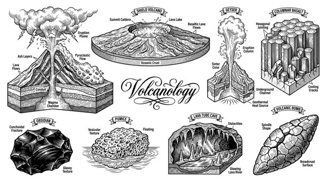 Volcanology Infographic Vector Illustration Set Featuring Volcano Anatomy, Geyser, Columnar Basalt, Obsidian, Pumice, Lava Tube Cave, and Volcanic Rock Types in Vintage Engraving Style