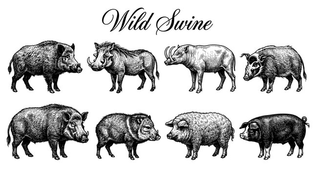 Vintage Engraving Collection of Wild Swine and Pigs including Boar Warthog Babirusa and Peccary Vector Illustration