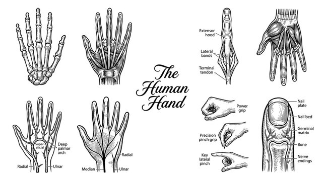 Vintage Anatomical Illustration of Human Hand Anatomy Set, Including Skeleton, Muscles, Nerves, Blood Vessels, and Finger Structure, Vector Engraving Style Graphics for Medical Education