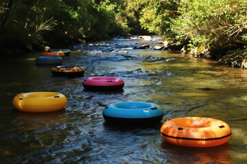 Obraz premium Inflatable tubes drift down a sunlit river surrounded by rich green trees. Colorful float rings bob on flowing water creating a peaceful summer scene. Enjoy nature gentle current on a relaxing day.