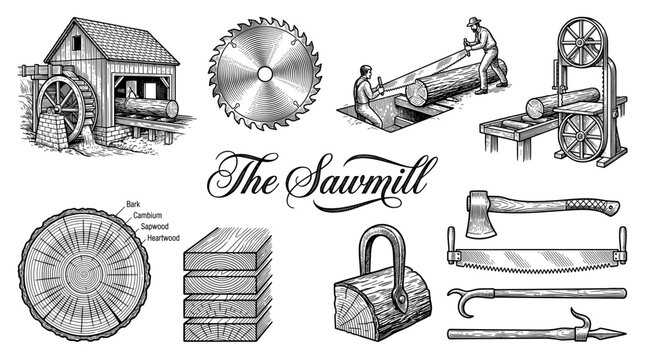 Vintage Woodworking and Sawmill Collection, Water Mill, Saws, Tree Cross Section and Lumber Tools Engraving Style Illustration