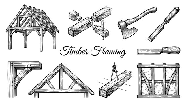 Vintage Timber Framing and Woodworking Tools Collection Vector Illustration with Traditional Joinery and House Construction Details