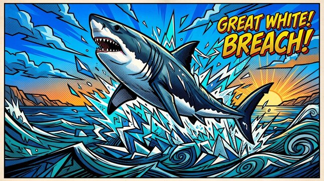 Great white shark breaching ocean surface in comic style.