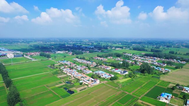 Aerial view of rural village and green farmland under blue sky