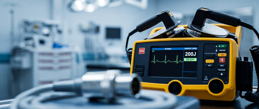 Modern automated external defibrillator with ECG waveform and paddles on a hospital crash cart, ready for emergency cardiac resuscitation, monitoring and life-saving treatment in clinical settings.