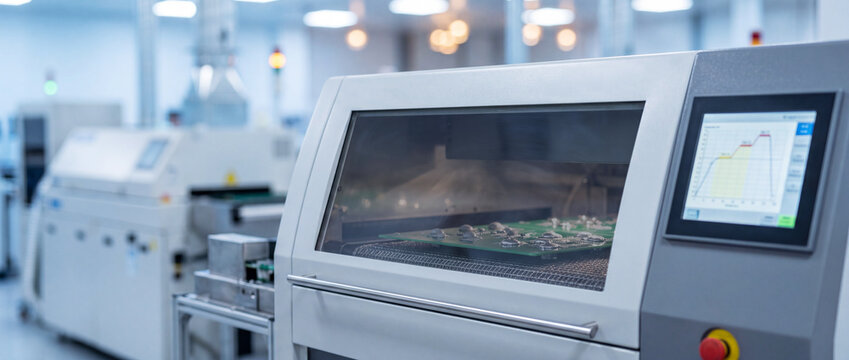 High-tech electronics manufacturing line showing a PCB reflow oven and automated control panel on the production floor