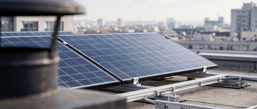 Rooftop solar panels on urban building generating renewable energy with photovoltaic array over city skyline