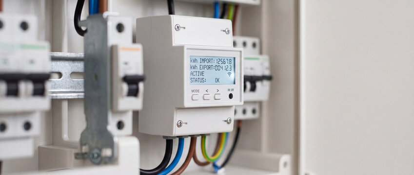 Close-up of electric meter and wiring in residential electrical panel showing power monitoring