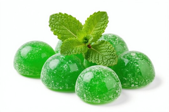Green mint candies, fresh mint leaves arranged on white surface. Round sweets coated with sugary dusting, suggesting cooling sensation, natural flavour. Provide refreshing treat for everyday