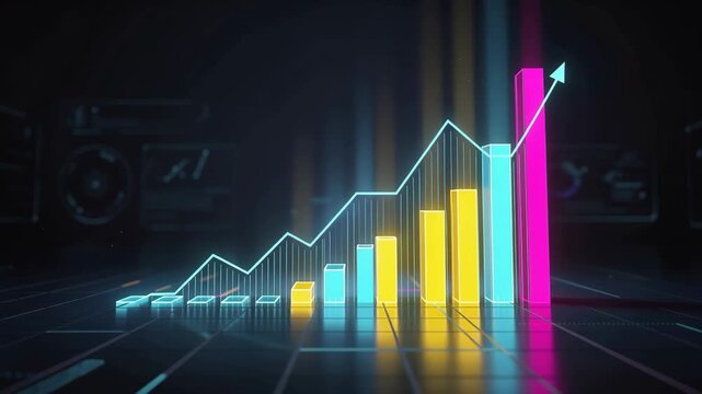 Futuristic 3D bar chart with glowing blue yellow pink bars and upward trending light blue line graph in sleek digital environment