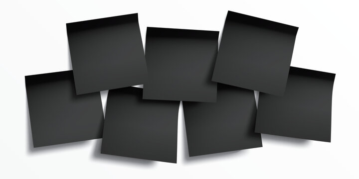 Black, post it, sticky notes. Black blank memo notes on a white background. Realistic premium post it notes for office reminders, message notices, or task planning - stock vector.