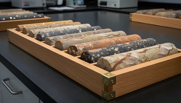 Geological rock core sample cylinders carefully arranged in a wooden tray inside a scientific laboratory desk for mineral mining exploration and earth science research concept