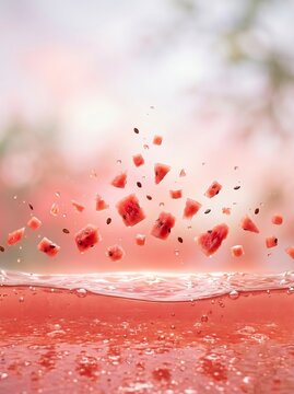 Fresh watermelon juice with watermelon fruit fragments rising into soft atmospheric space