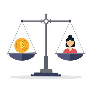 Balance scale with dollar coin and person silhouette