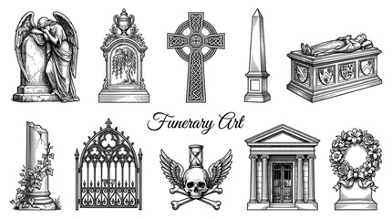 Naklejka premium Funerary Art Vector Collection with Tombstones, Celtic Cross, Weeping Angel, Sarcophagus, and Memento Mori Symbols