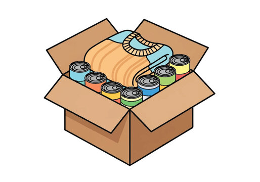Cardboard box filled with canned food and a warm sweater for charity donation