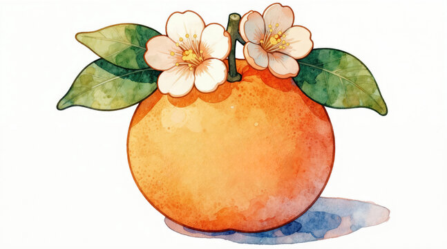 Watercolor painting of cute kawaii tangerine with flowers and leaves. Fresh juicy citrous fruit art with botanical elements on white background. Hand-drawn illustration for healthy food or summer.