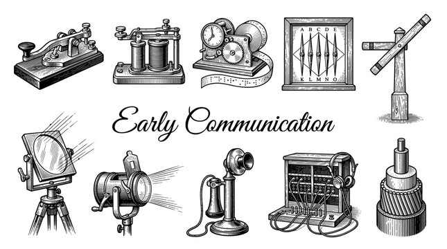 Vintage Early Communication Technology Collection featuring Telegraph, Telephone, Morse Code Key, Semaphore, and Heliograph in Hand-Drawn Woodcut Engraving Style