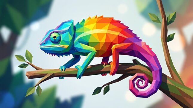 Low poly rainbow colored chameleon perched on tree branch.