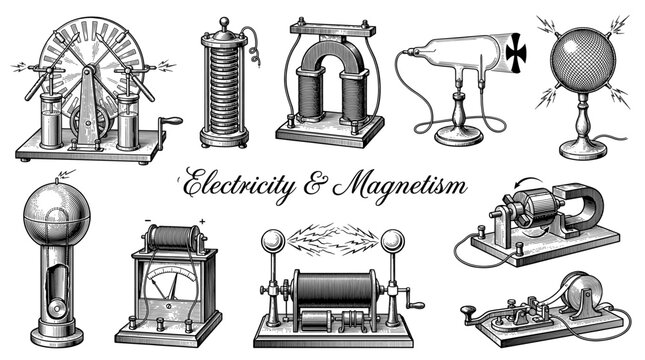 Vintage Electricity and Magnetism Scientific Equipment Vector Set. Detailed Engraved Illustration of Antique Physics Laboratory Instruments including Electromagnet, Generator, and Telegraph.