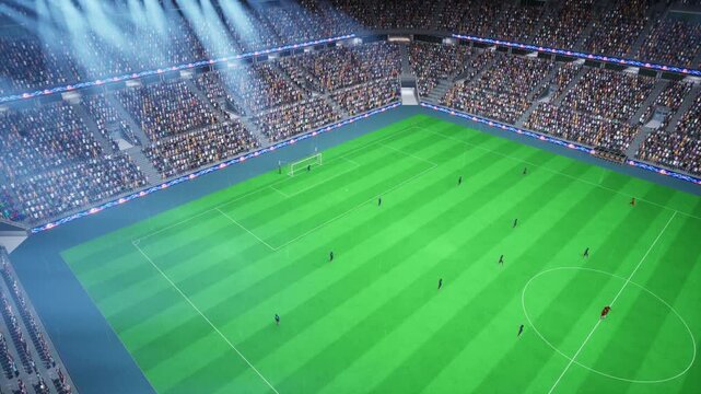 Rain falls over soccer players kicking a ball inside a floodlit arena at night, with athletes running on wet football turf during rainy weather.