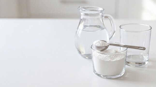 nutritional supplements, close-up of a glass partially filled with water and a scoop of white powder