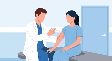 Fototapeta premium Doctor administering vaccine to patient in clinic, vaccination concept illustration
