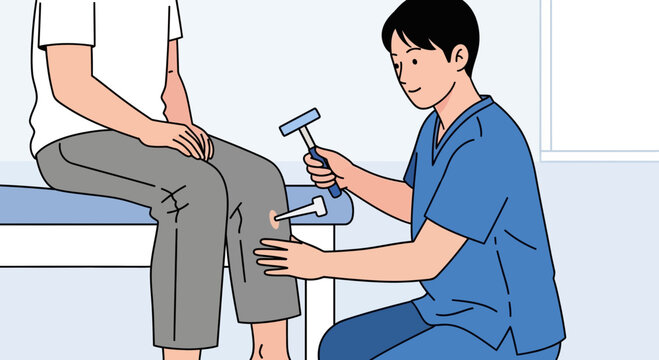 Doctor checking knee reflex with hammer; patient sitting on examination table