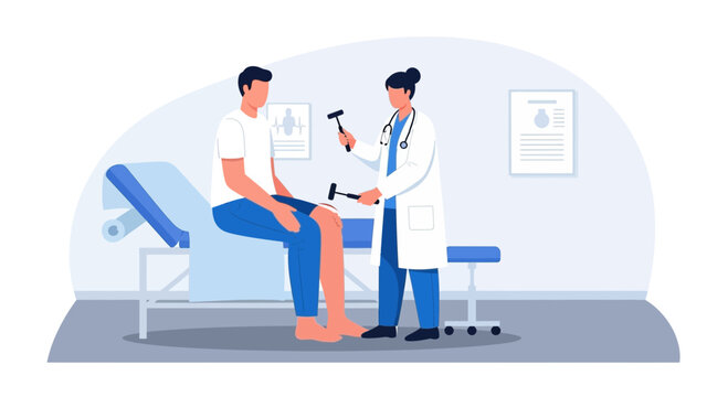 Doctor examines patient's knee reflex with reflex hammer in clinic exam room