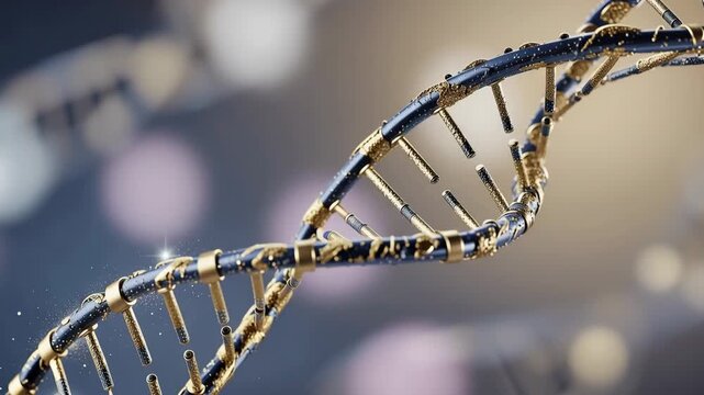 A shimmering blue and gold DNA double helix spiraling with glowing particles in a beautiful genetic code background