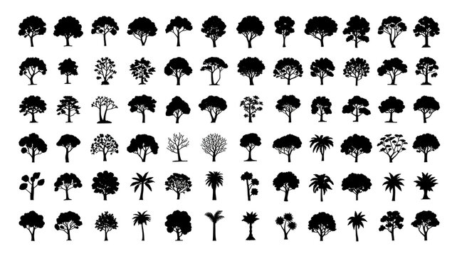 A collection of 80 black tree silhouettes arranged in 10 rows on a white background.