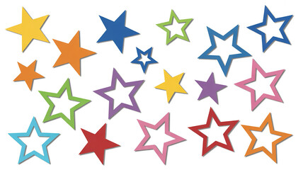 Fototapeta premium A collection of colorful paper stars arranged in a scattered pattern against a white background.