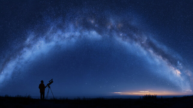 Lone silhouetted observer standing beside a telescope beneath a sweeping arch of the bright milky way galaxy at night with a faint glow on the horizon for astronomy and stargazing themes