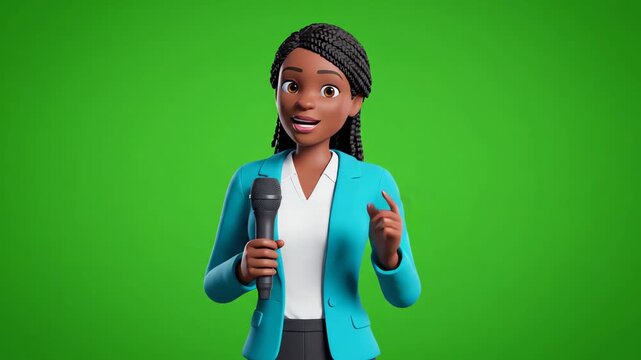 Animated female reporter with microphone presenting news on green screen background, engaging audience
