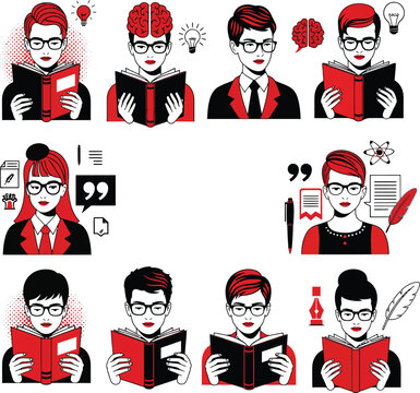 Young woman with glasses reading a red book in pop art comic style
