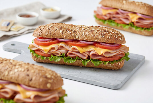 Multigrain sub sandwich with ham cheese and fresh vegetables