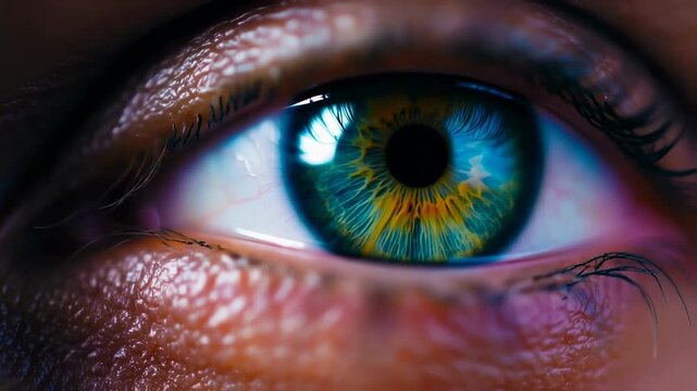 Close-up of a colorful eye, showcasing intricate details of the iris and eyelashes