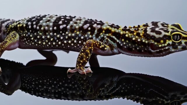 Close-up of a patterned gecko with its reflection