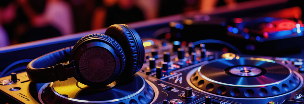 Headphones rest on DJ equipment with turntables and mixer. Colorful club lights create atmosphere for dancing and music mixing. Night party vibe with pro sound gear.