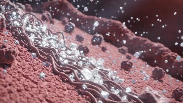 Ultra realistic 3D medical animation of osteoblast cells actively building new bone tissue inside a microscopic skeletal environment specialized bone forming cells lining the surface of developing bon