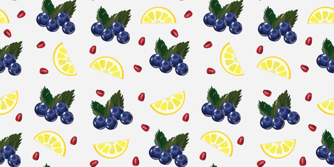 A fresh seamless vector pattern featuring ripe blueberries with green leaves, bright lemon slices, and red pomegranate seeds on a clean white background. This repeating fruit and berry design is perfe © Ksenia