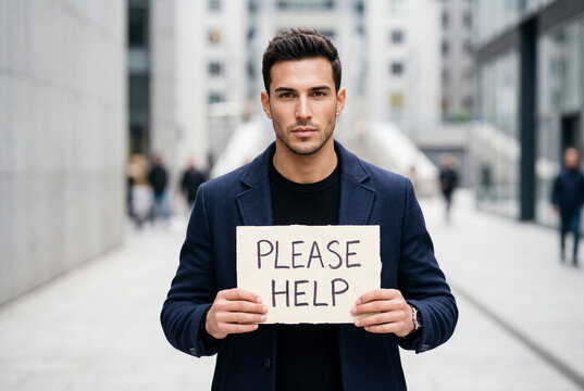 Unemployed man in a jacket holding a please help sign on a city street