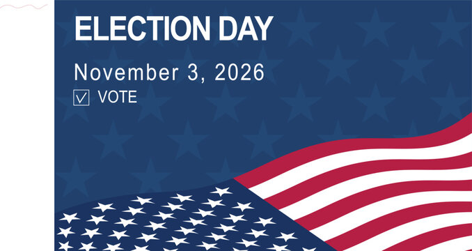 Vector. USA flag on blue background with VOTE message. United States midterm elections day. 