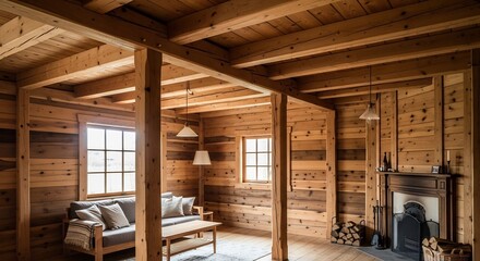 Fototapeta premium Rustic Interior of a Wooden Cabin with Fireplace and Windows.